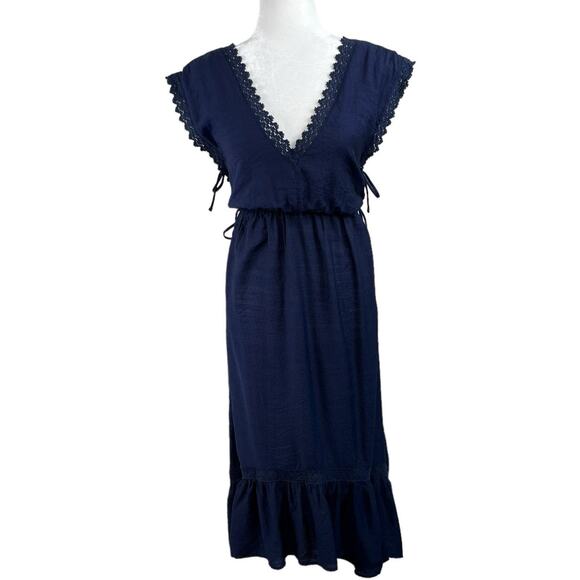 Lush Navy Blue Lace Trim Gauze V-Neck High-Low Sleeveless Midi Dress Large - Picture 2 of 14